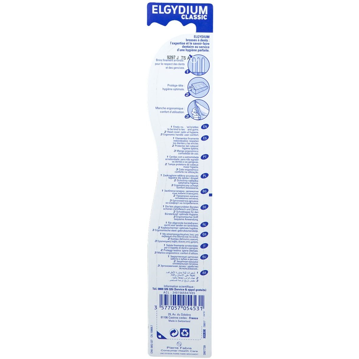 Dos de l'emballage de la brosse à dents Elgydium Classic. Texte multilingue. Informations produit et fabricant.