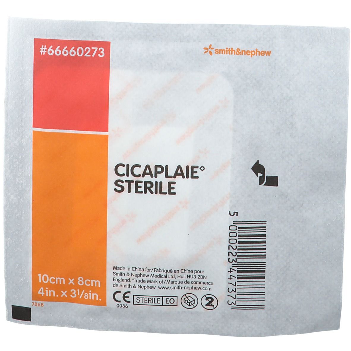 Emballage de Cicaplaie Sterile Bandage. Bande orange avec informations produit et dimensions 10cm x 8cm. Marque Smith & Nephew.