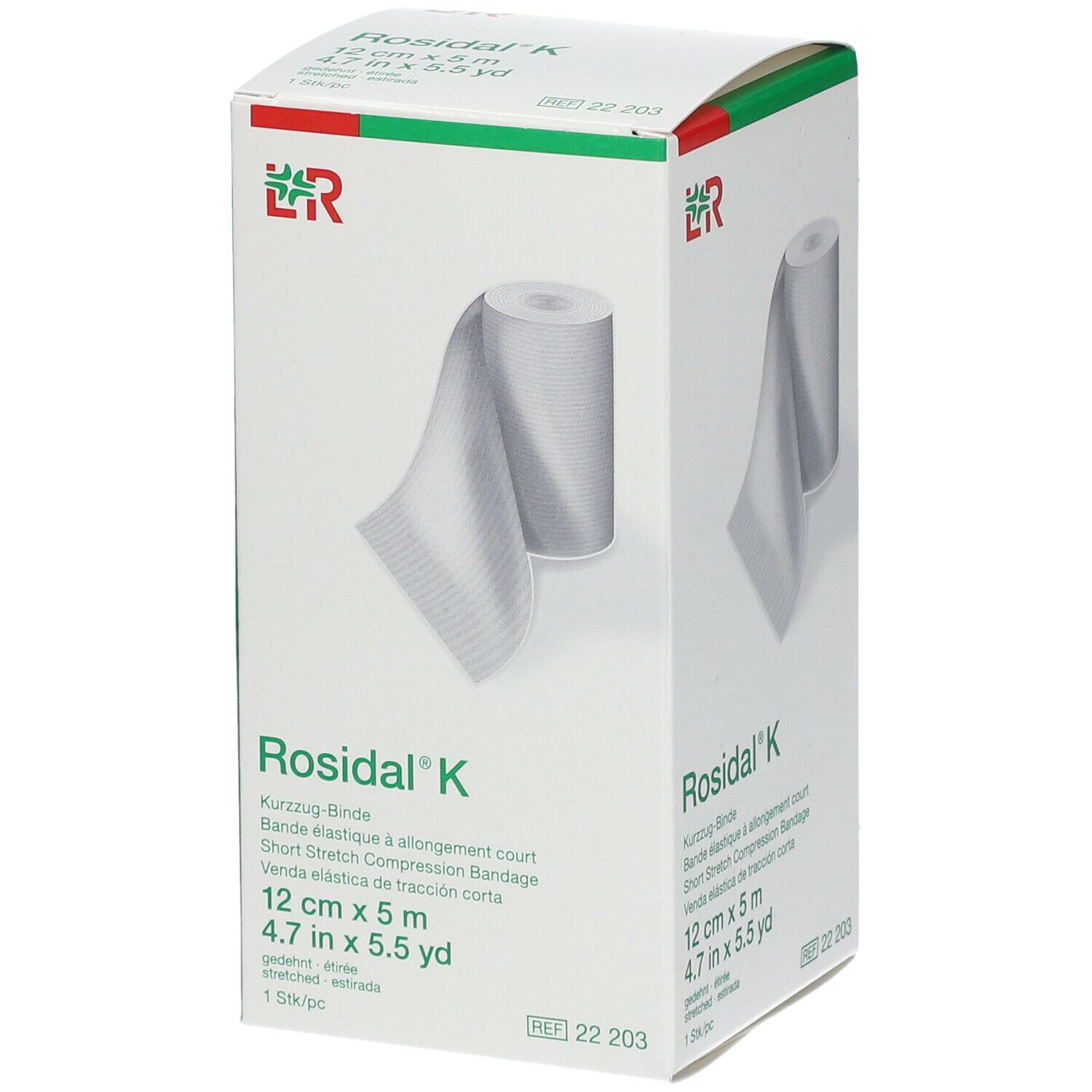 Rosidal K-verpakking. Kortrekverband, 12 cm x 5 m. Opschriften: verband, 1 stuk.