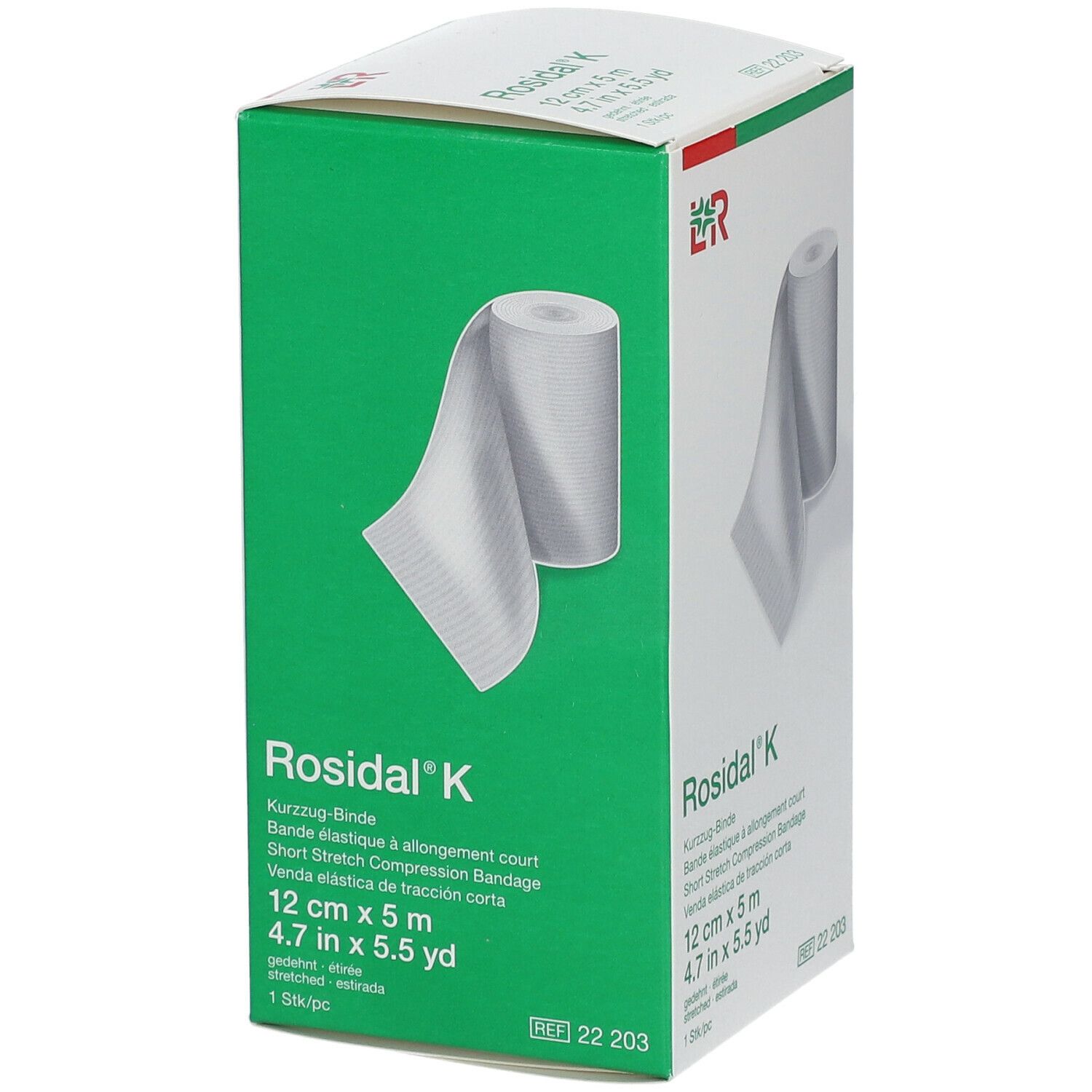 Rosidal K-verpakking. Groen-witte doos met verband. Opschriften: 12 cm x 5 m, kortrekverband.