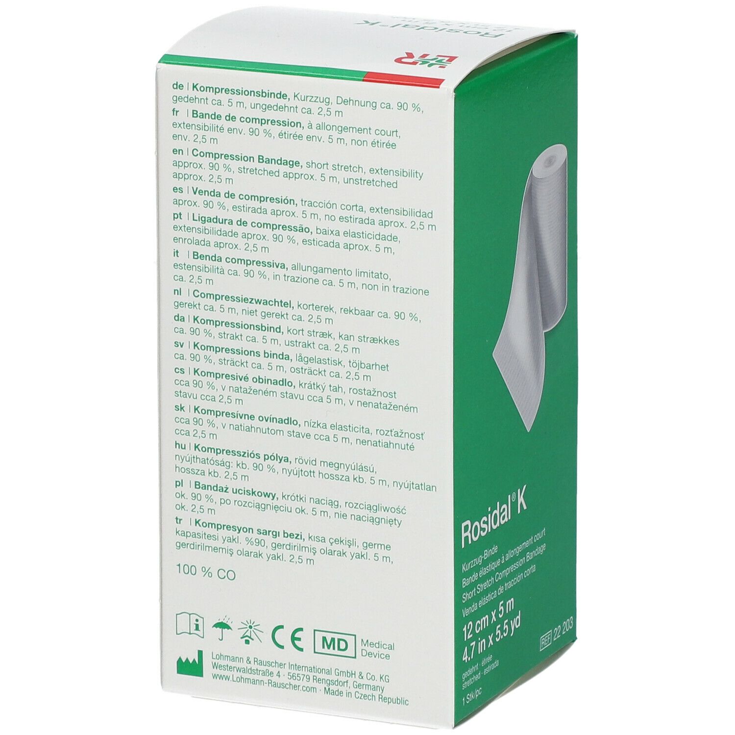 Rosidal K-verpakking. Achterkant met teksten in meerdere talen. Opschriften: 12 cm x 5 m, 100 % CO.