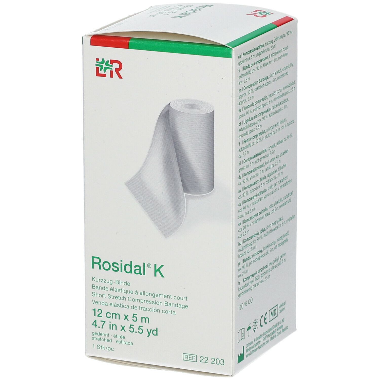 Rosidal K-verpakking. Doos met verband en productnaam. Opschriften: 12 cm x 5 m, kortrekverband.