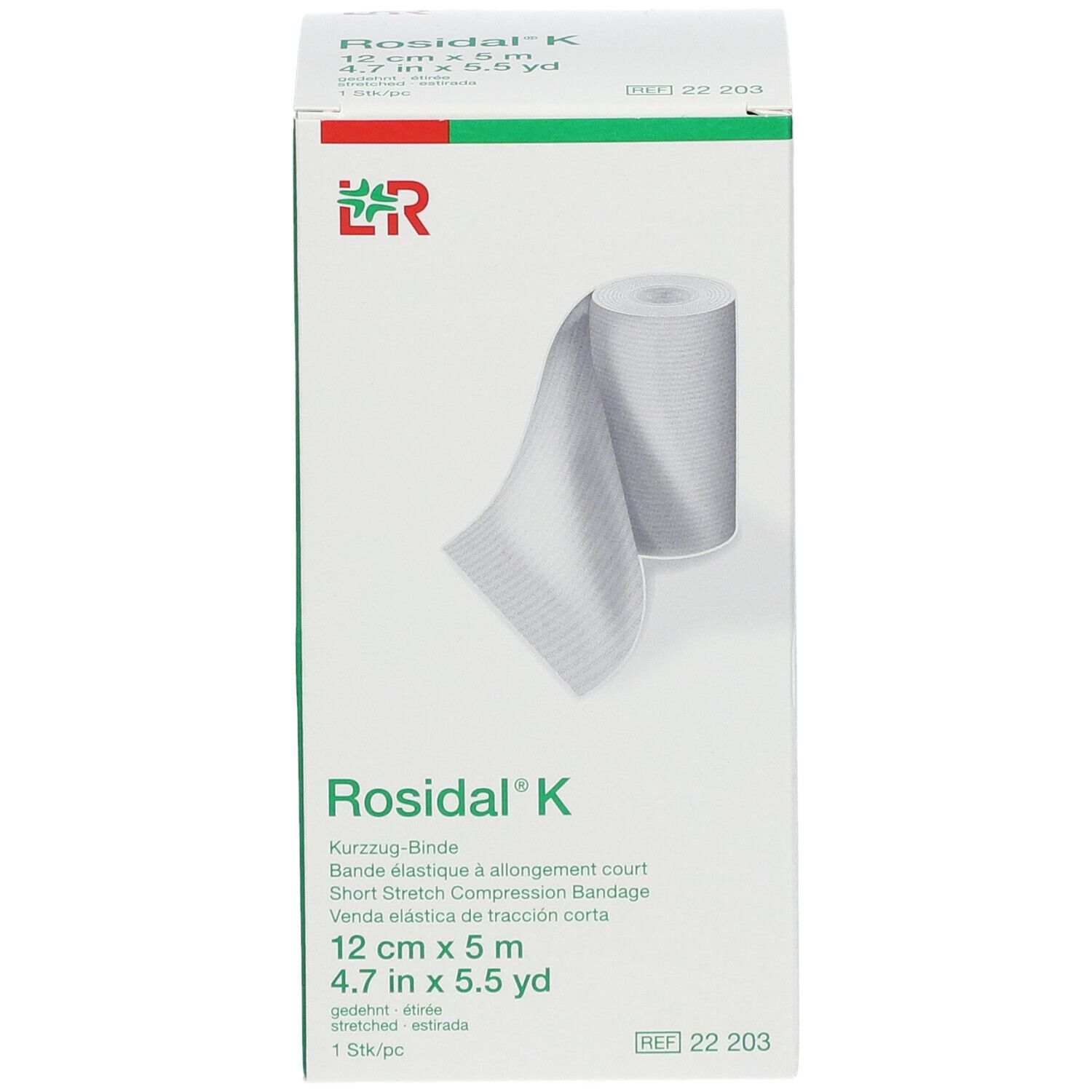 Rosidal K-verpakking. Witte doos met verband. Opschriften: 12 cm x 5 m, kortrekverband.