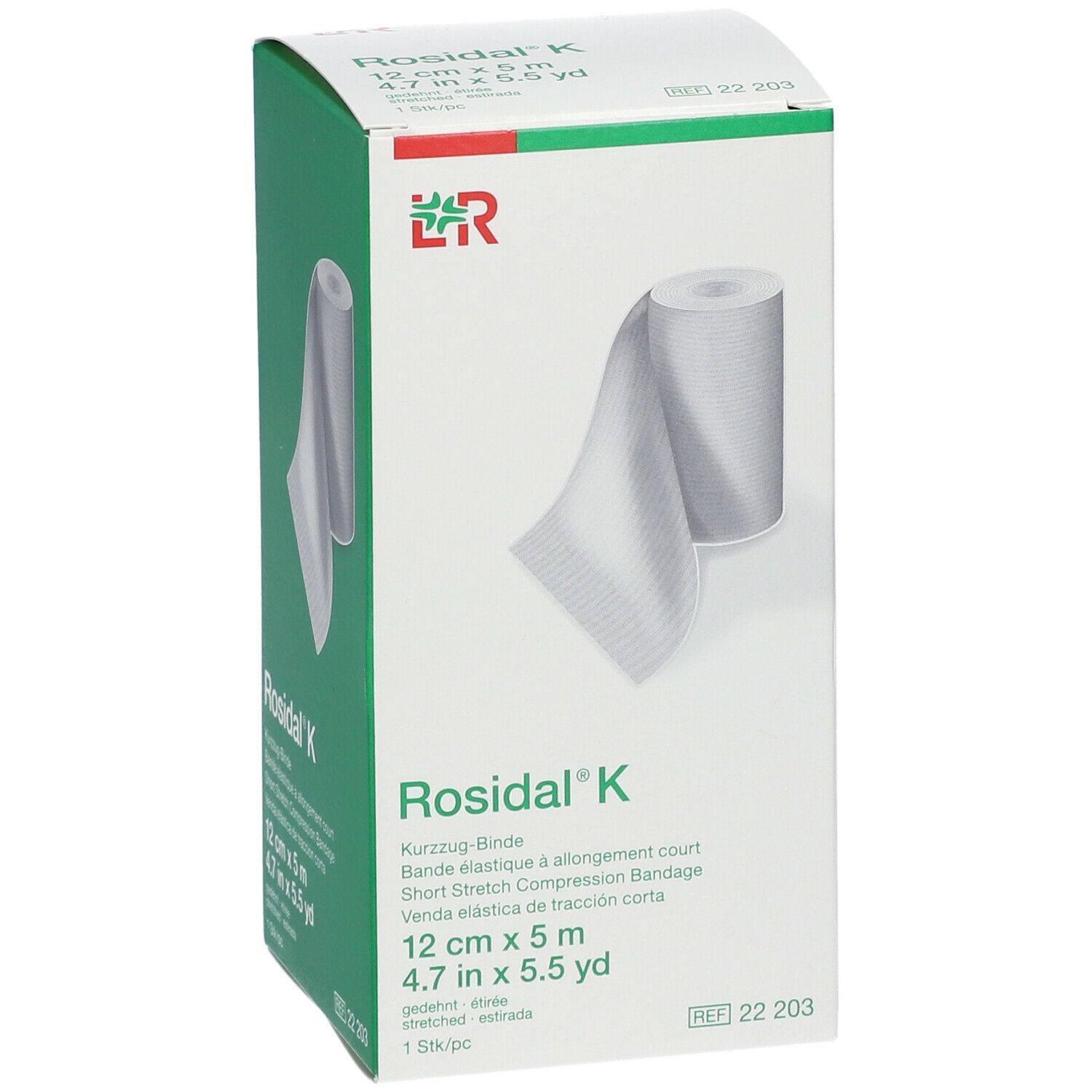 Rosidal K-verpakking. Witte doos met verband. Opschriften: 12 cm x 5 m, kortrekverband.