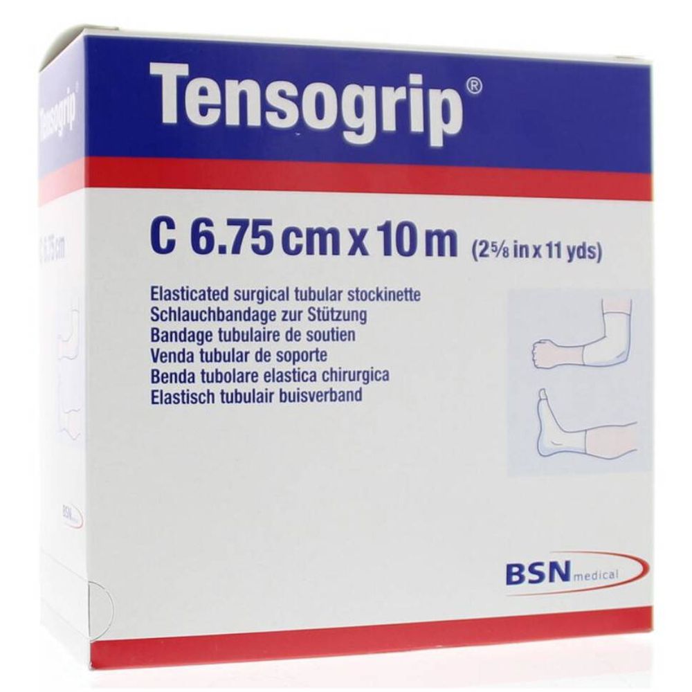 Boîte de Tensogrip® C 6,75 cm x 10 m. Emballage bleu et blanc avec informations et illustrations.