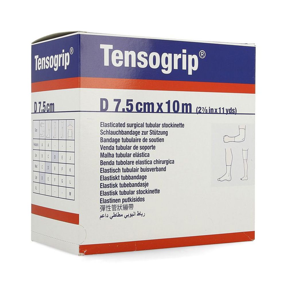 Verpakking van Tensogrip. Afmeting: D 7,5 cm x 10 m. Meertalige tekst. Illustratie van been.