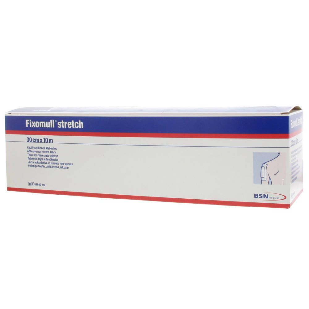 Fixomull stretch rol. Verpakking met blauw-witte streep. Opschrift: 30 cm x 10 m. BSN medical logo.