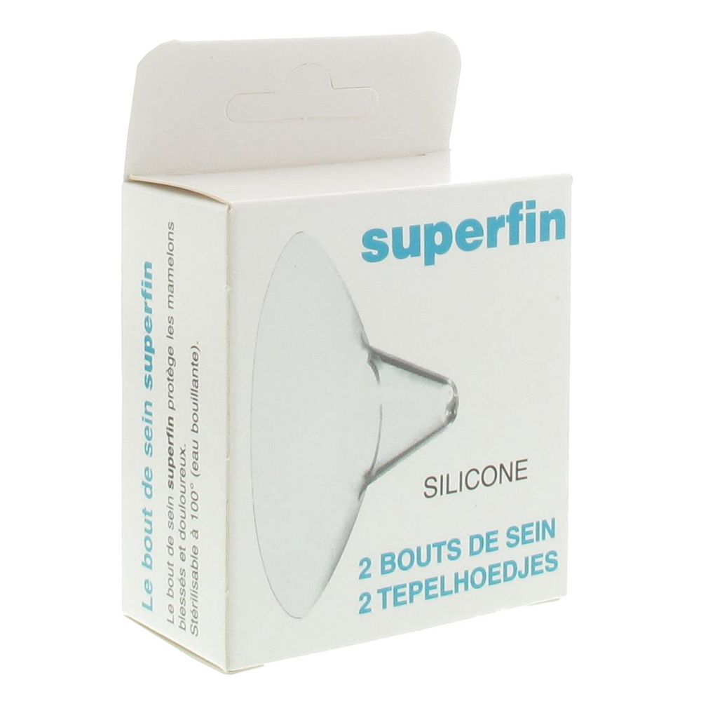 Boîte de deux protège-mamelons en silicone. Marque superfin. Texte: 2 bouts de sein. Stérilisable à 100°C.