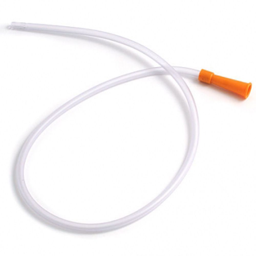 Tube transparent avec connecteur orange. Matériau flexible, courbé sur fond blanc.