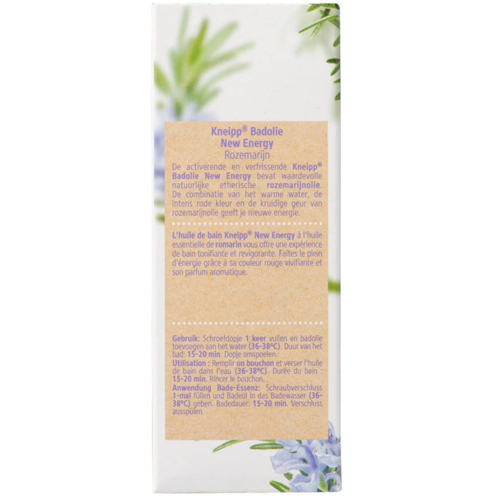 Rückseite der Verpackung von Kneipp Badolie New Energy. Text in Deutsch, Französisch, Italienisch und Niederländisch.