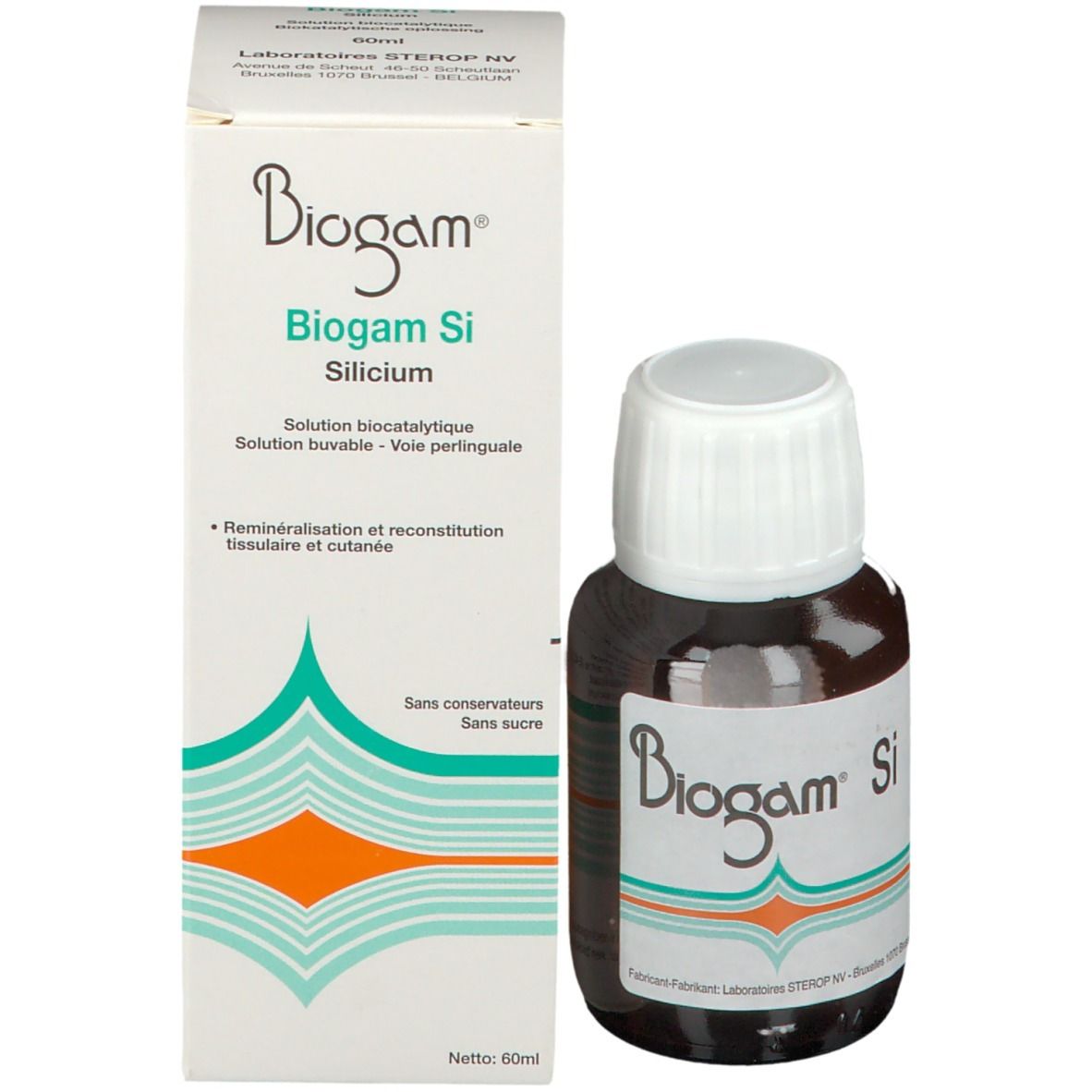 Flacon en verre brun avec bouchon blanc et emballage. Inscription "Biogam Si".