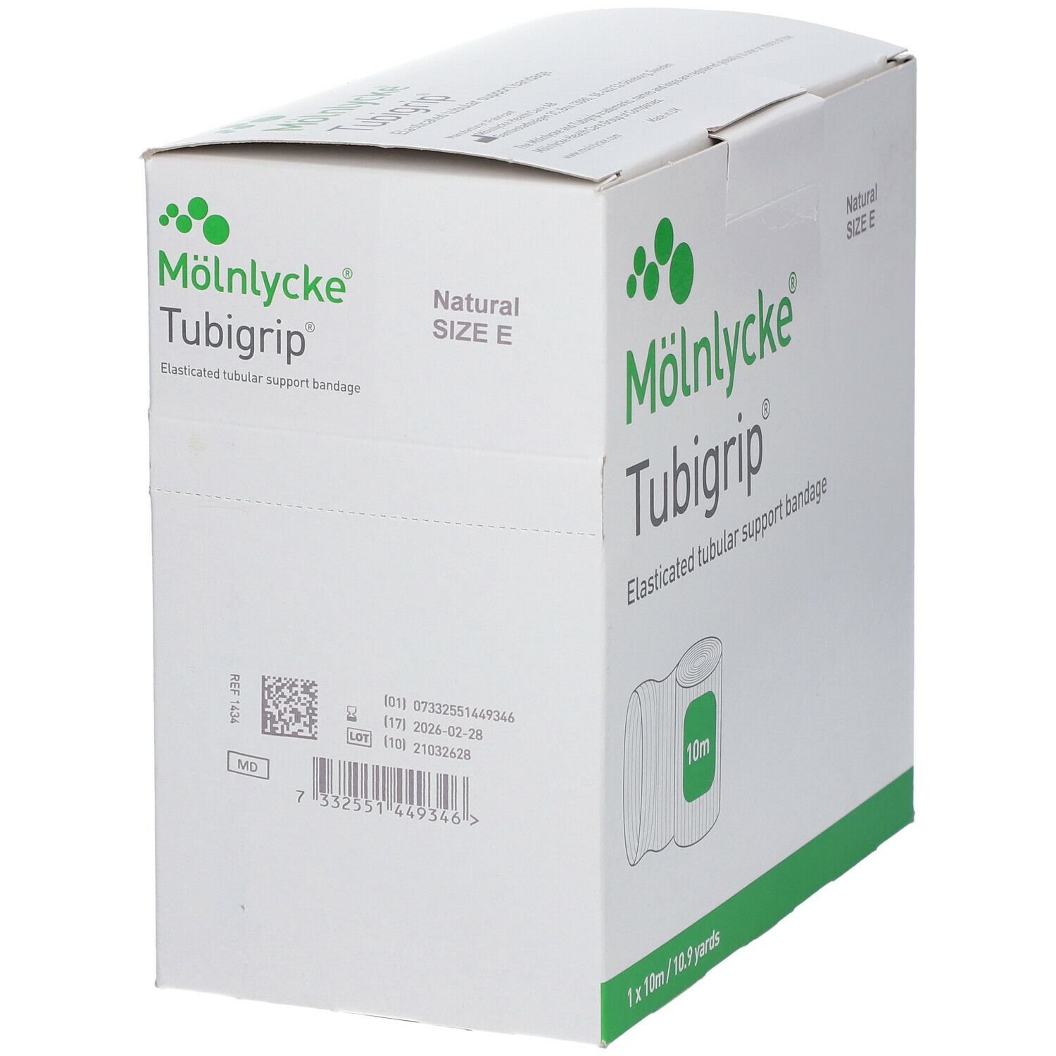 Weiße Kartonverpackung mit Text und Barcode. Aufschrift: M

lnlycke Tubigrip, elastischer Schlauchverband, Größe E, 10m.