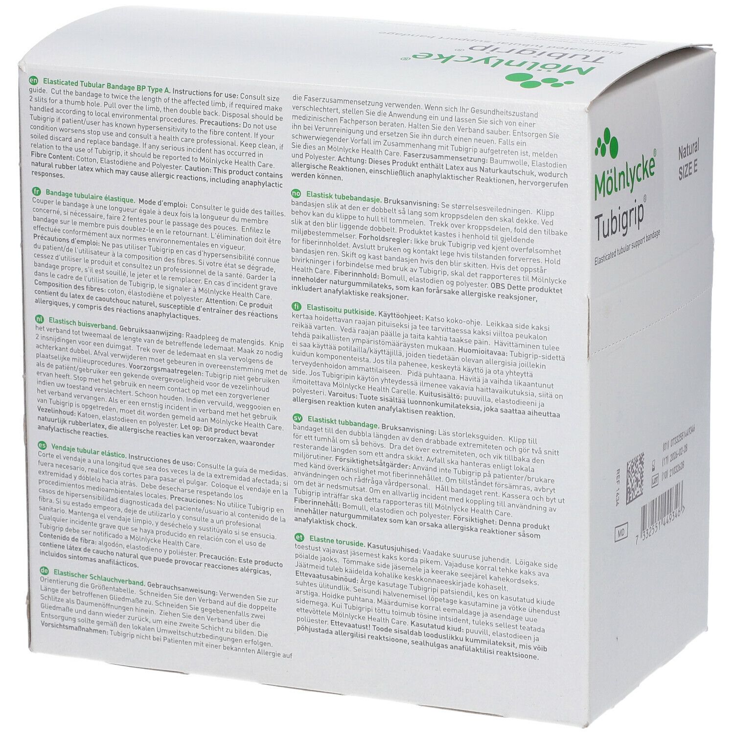Rückseite der weißen Kartonverpackung mit Text in mehreren Sprachen. Aufschrift: M

lnlycke Tubigrip, elastischer Schlauchverband, Größe E.