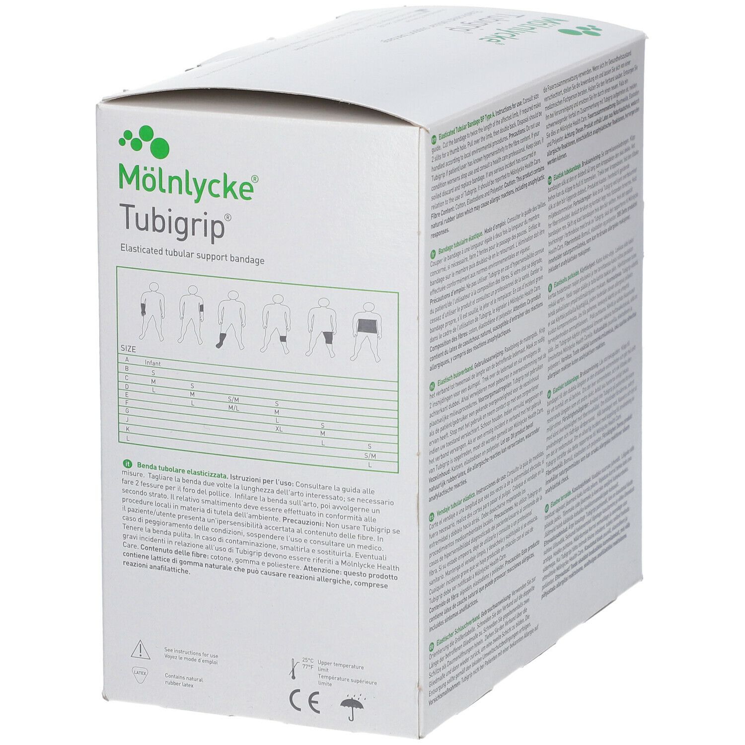 Rückseite der weißen Kartonverpackung mit Text und Piktogrammen. Aufschrift: M

lnlycke Tubigrip, elastischer Schlauchverband, Größe E.