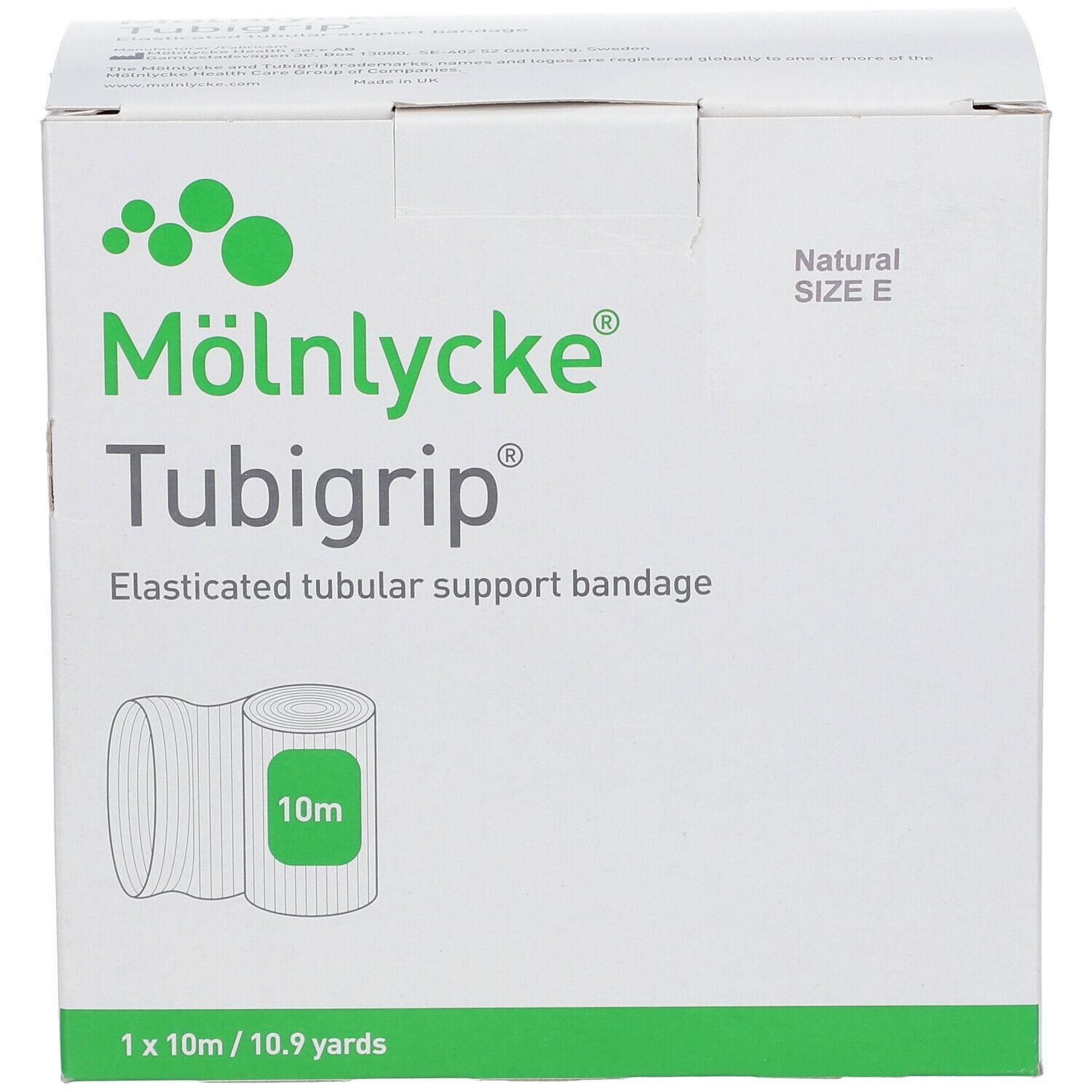 Weiße Kartonverpackung mit Produktabbildung und Text. Aufschrift: M

lnlycke Tubigrip, elastischer Schlauchverband, Größe E, 10m.