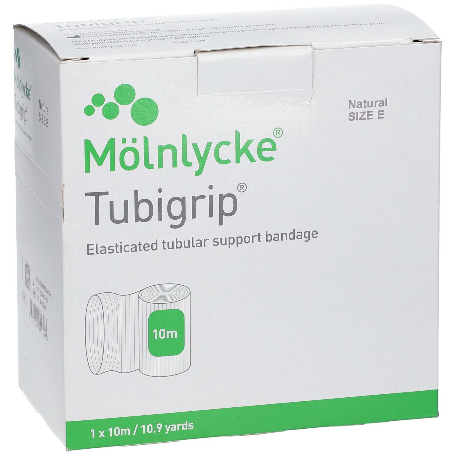 Weiße Kartonverpackung mit Produktabbildung und Text. Aufschrift: M

lnlycke Tubigrip, elastischer Schlauchverband, Größe E, 10m.