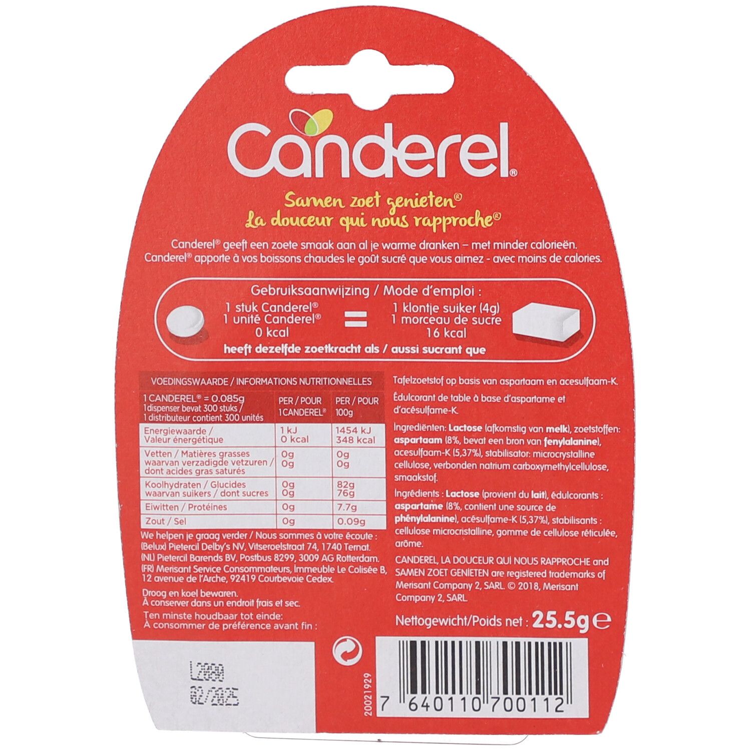 Dos de l'emballage CANDEREL® Tafelsüße. Texte multilingue. Informations nutritionnelles et ingrédients.