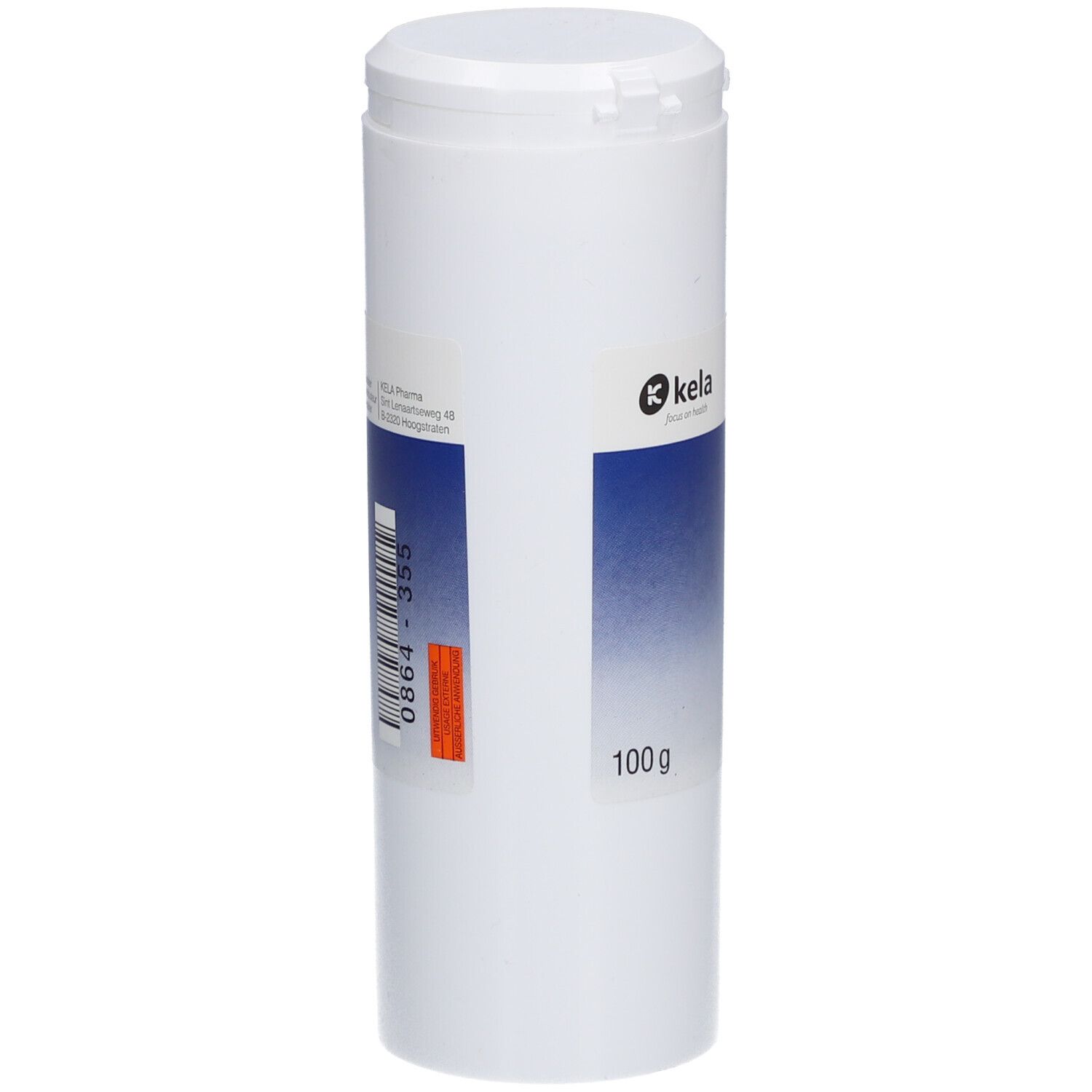 Witte cilindrische bus met blauw etiket. Opschrift: kela, 100 g. Barcode en andere informatie op het etiket.