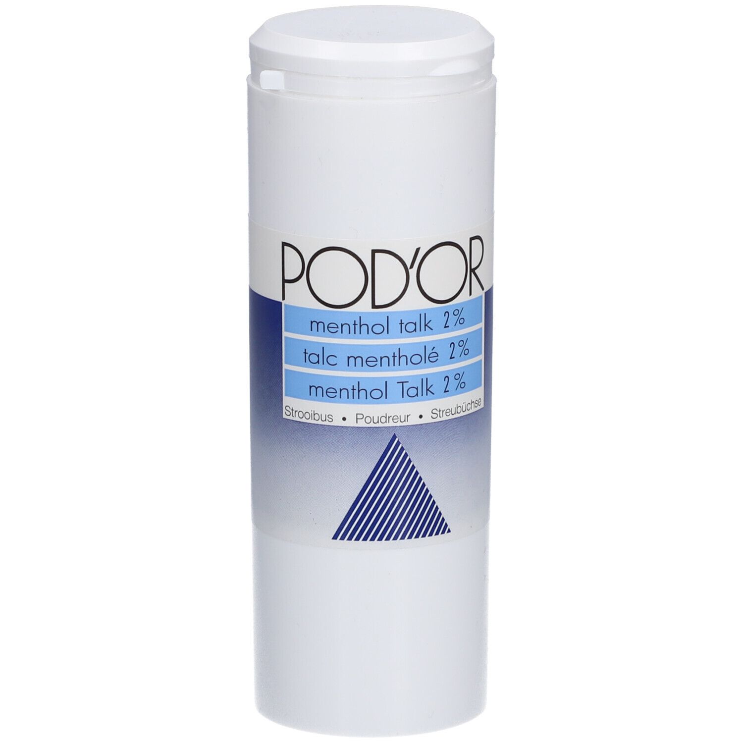 Witte cilindrische bus met blauw etiket. Opschrift: POD'OR, menthol talk 2%, talc mentholé 2%, menthol Talk 2%.