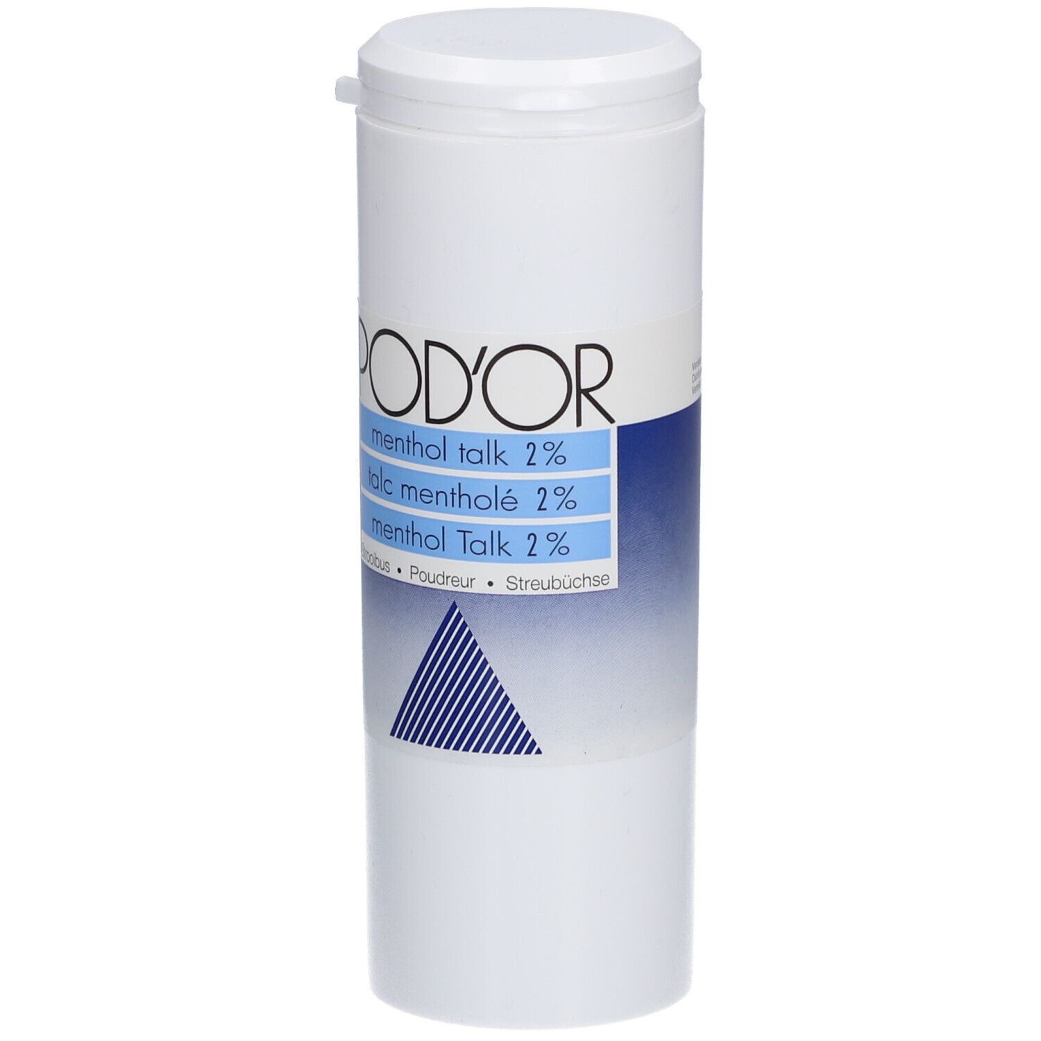 Witte cilindrische bus met blauw etiket. Opschrift: POD'OR, menthol talk 2%, talc mentholé 2%, menthol Talk 2%.