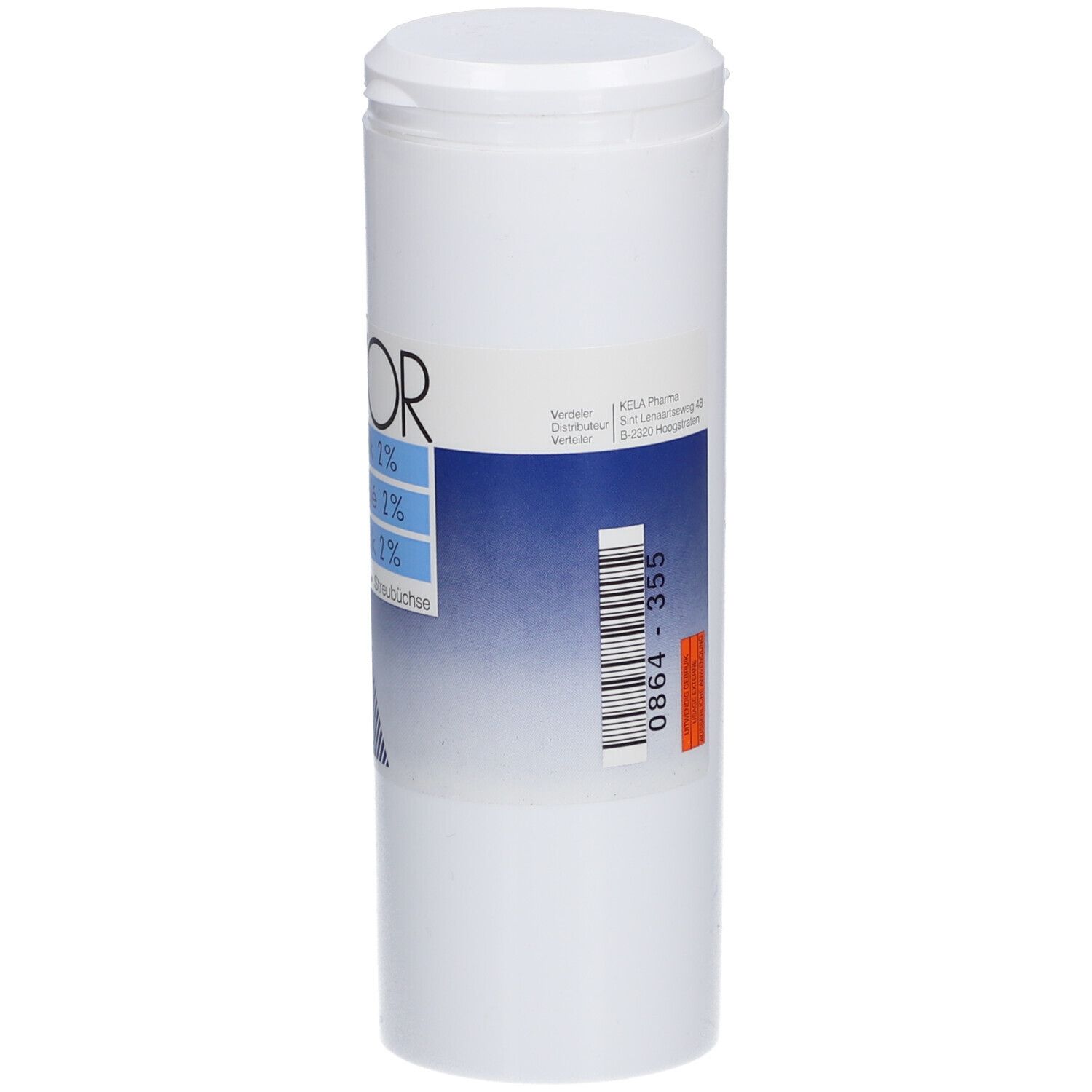 Witte cilindrische bus met blauw etiket. Opschrift: POD'OR, menthol talk 2%, talc mentholé 2%, menthol Talk 2%.