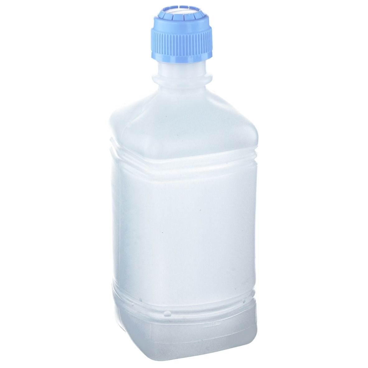 Flacon transparent avec bouchon bleu. Forme carrée. Flacon vide.