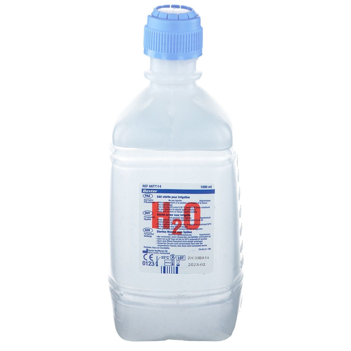 Flacon avec bouchon bleu. Étiquette avec indication H2O rouge. Liquide transparent. 1000 ml.