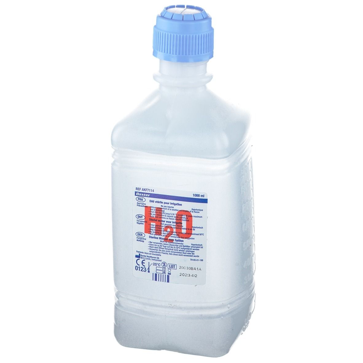 Flacon avec bouchon bleu. Étiquette avec indication H2O rouge. Liquide transparent. 1000 ml.