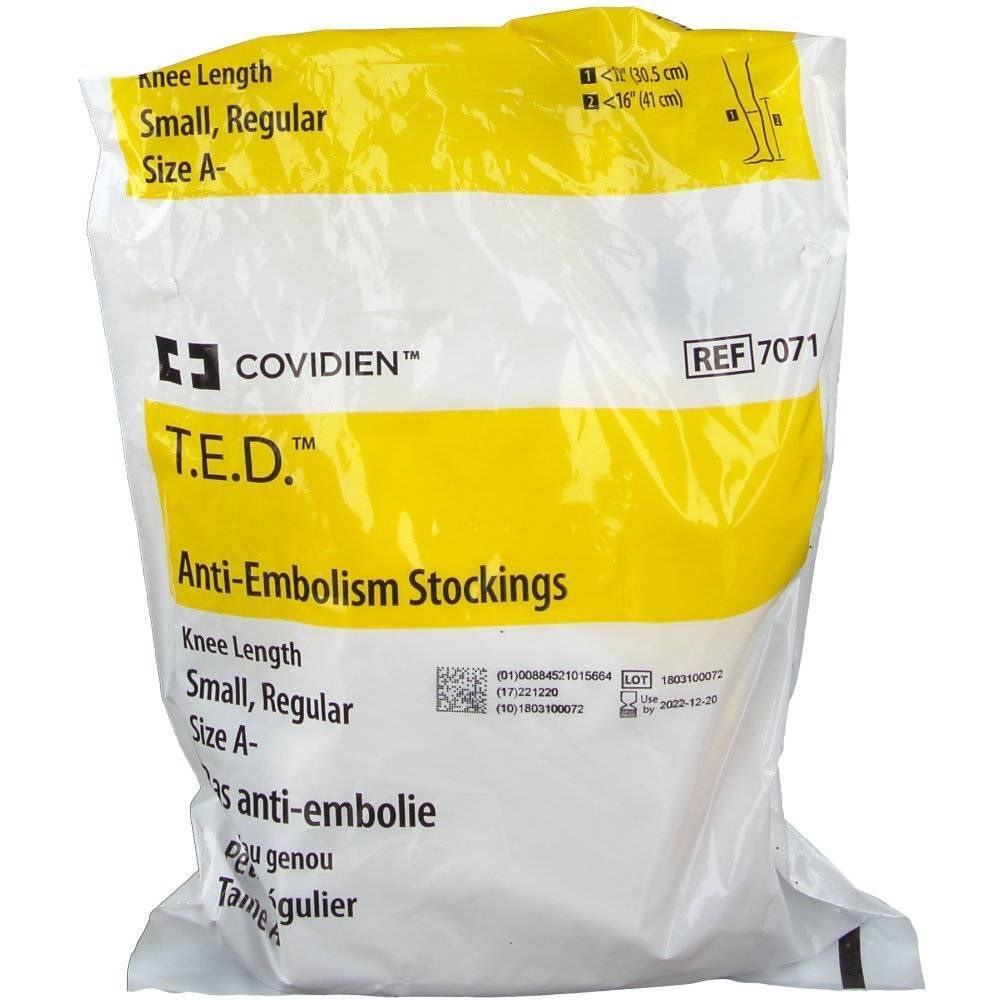 Verpakking CONVIDIEN™ Thrombosestrümpfe. Geel-witte folie, productnaam, maten, REF 7071.