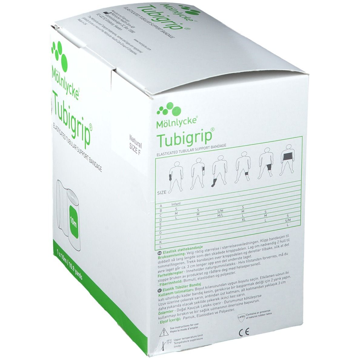 Verpackung von Tubigrip® mit Größenangaben. Abbildungen zeigen Anwendung an Bein und Arm. Text in mehreren Sprachen.