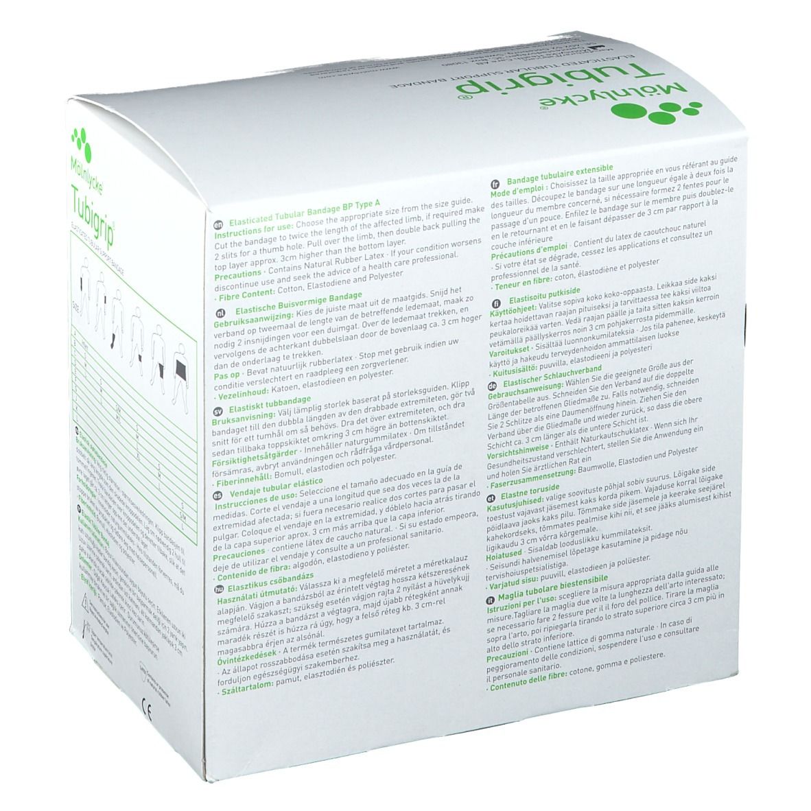Rückseite der Tubigrip® Verpackung. Text in mehreren Sprachen. Informationen zu Inhaltsstoffen und Anwendung.