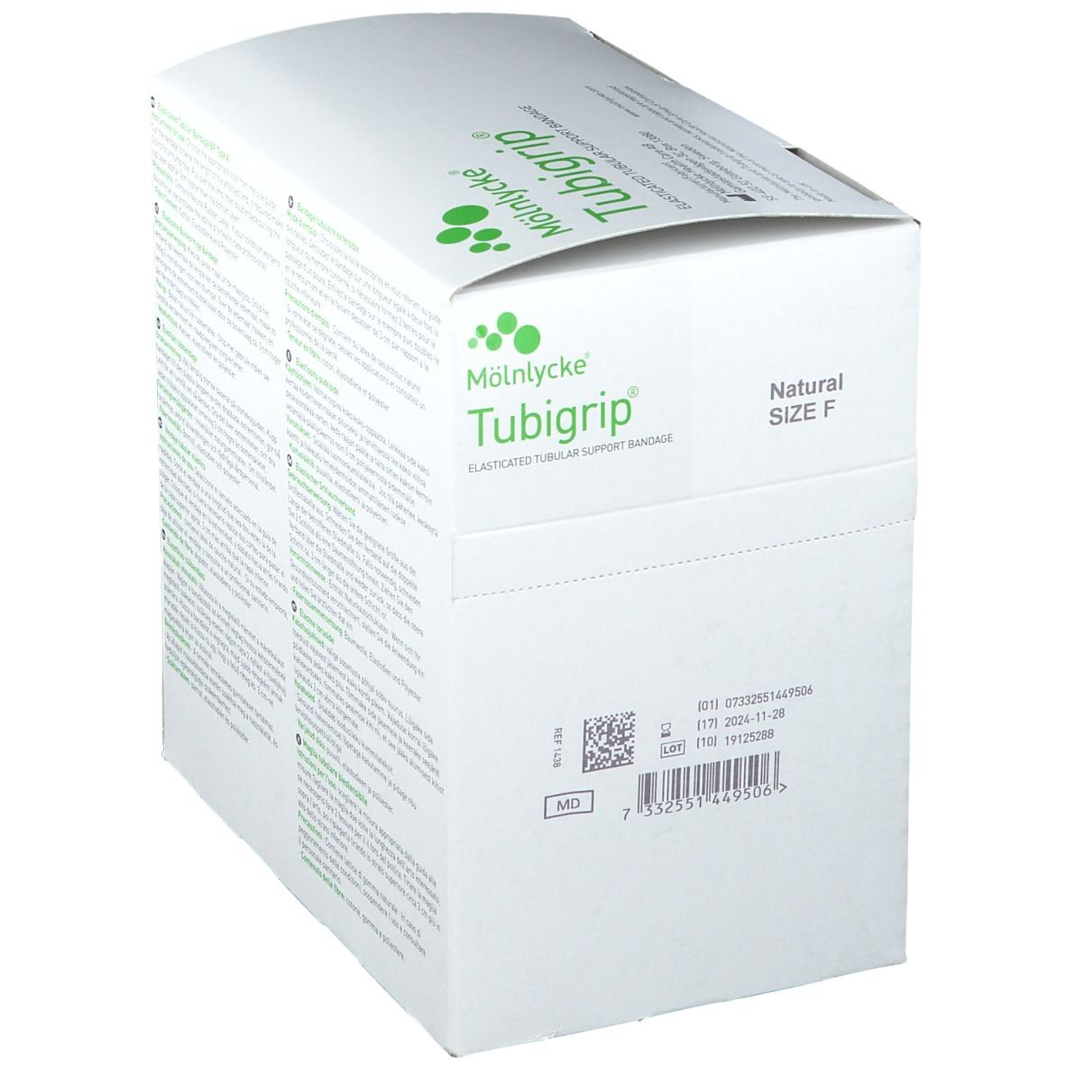 Verpackung von Tubigrip®. Aufdruck: Marke, Produktname, Größe F, Chargennummer, MD-Kennzeichnung.