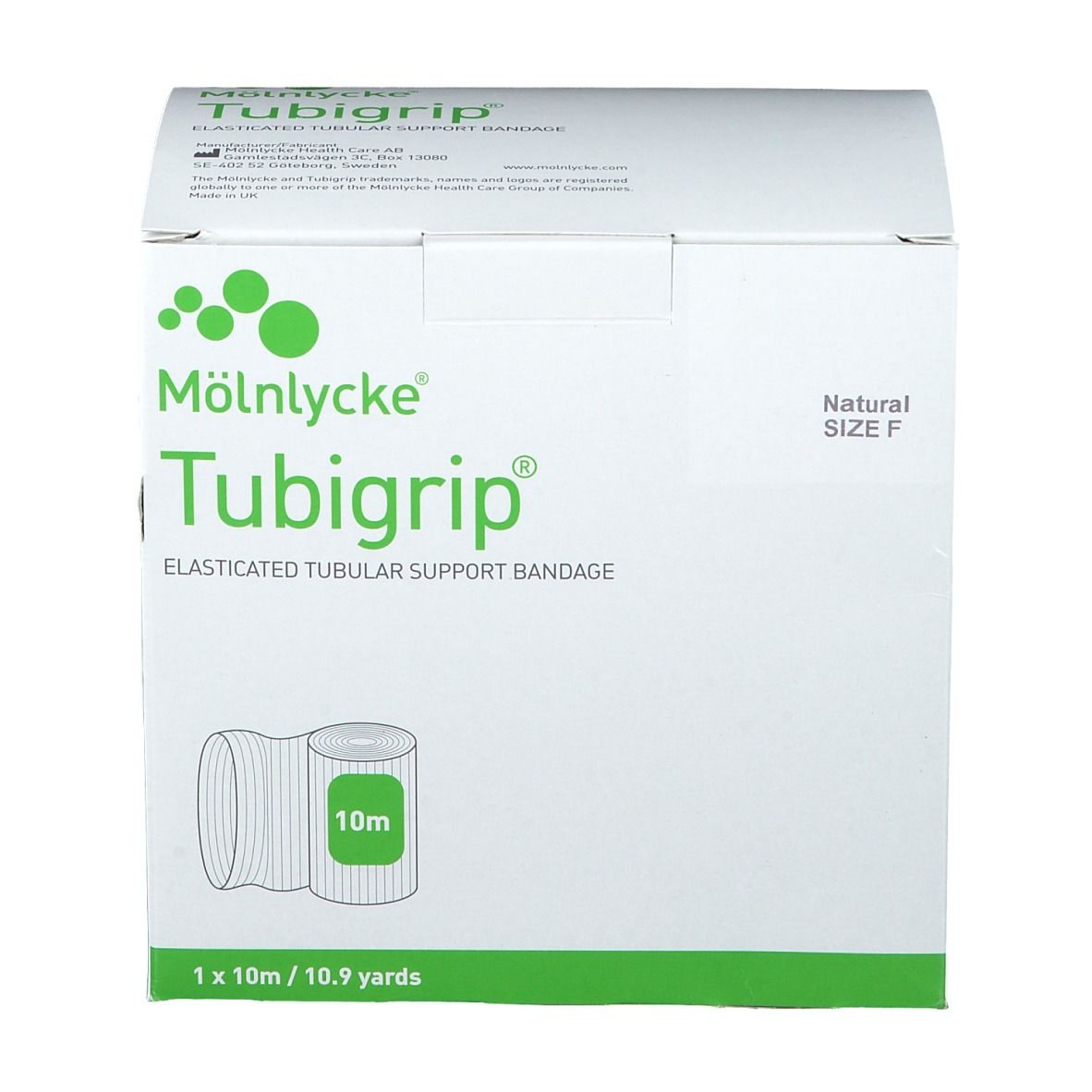 Weiße Verpackung von Tubigrip® Stretch-Schlauchbandage. Aufdruck: Marke, Produktname, Größe F, 10 m Bandage.