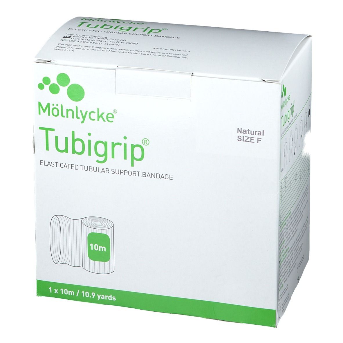 Weiße Verpackung von Tubigrip® Stretch-Schlauchbandage. Aufdruck: Marke, Produktname, Größe F, 10 m Bandage.