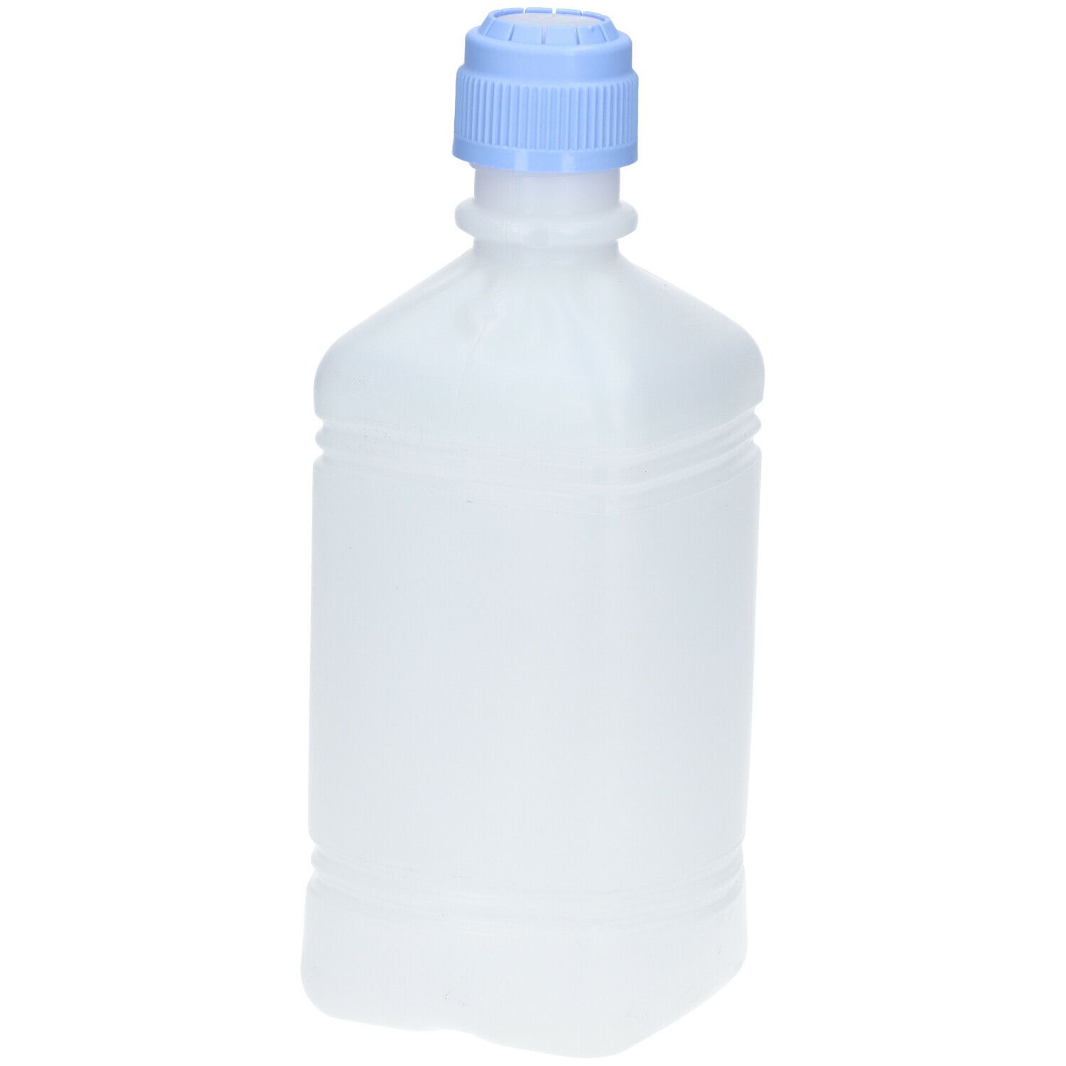 Transparante fles met blauwe dop. Productlabel met tekst. CE-markering.