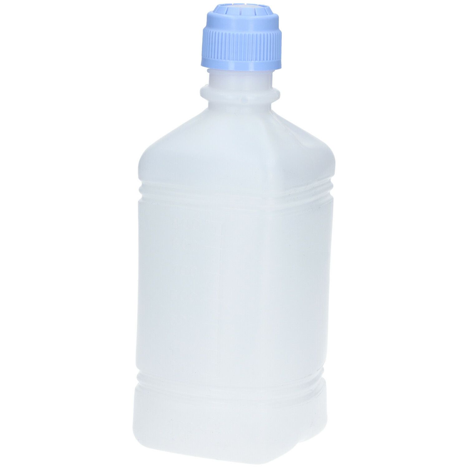 Transparante fles met blauwe dop. Productlabel met tekst. CE-markering.