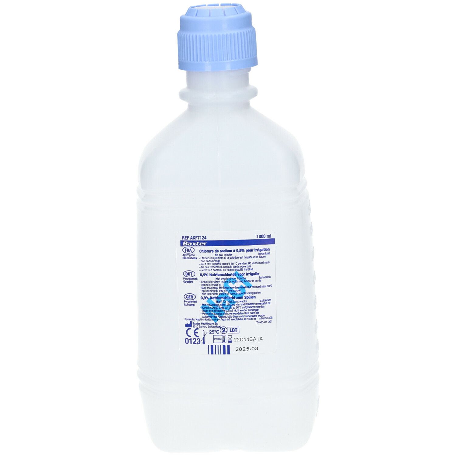 Fles met blauwe dop. Etiket met productinformatie. CE-markering en barcode.