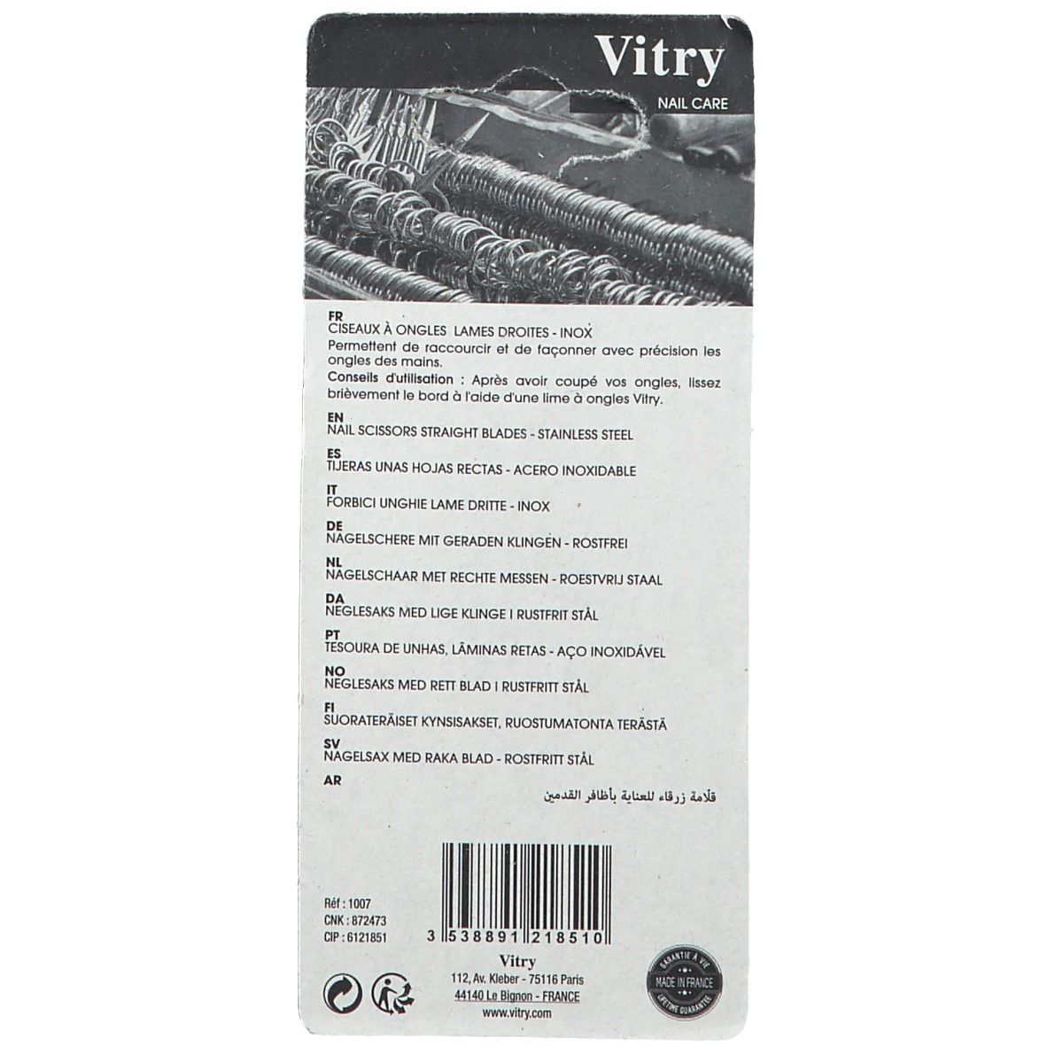 Dos de l'emballage avec informations sur le produit et logo.