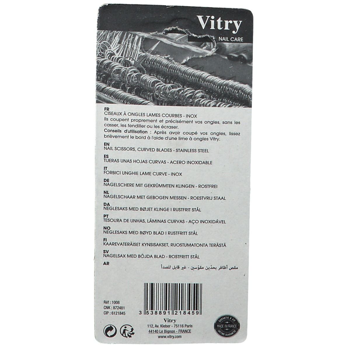 Achterkant van de blisterverpakking met productinformatie en merk Vitry.