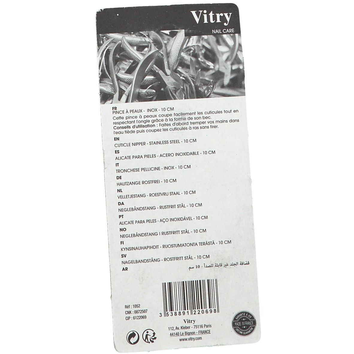 Rückseite der Blisterverpackung mit Produktinformationen. Marke Vitry. Mehrsprachige Texte, darunter "PINCE À PEAUX".
