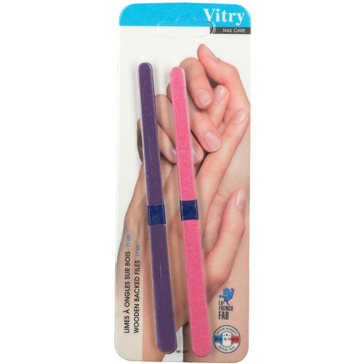 Twee nagelvijlen in verpakking. Eén paars, één roze. Opschrift: Vitry. Franse fabricage.