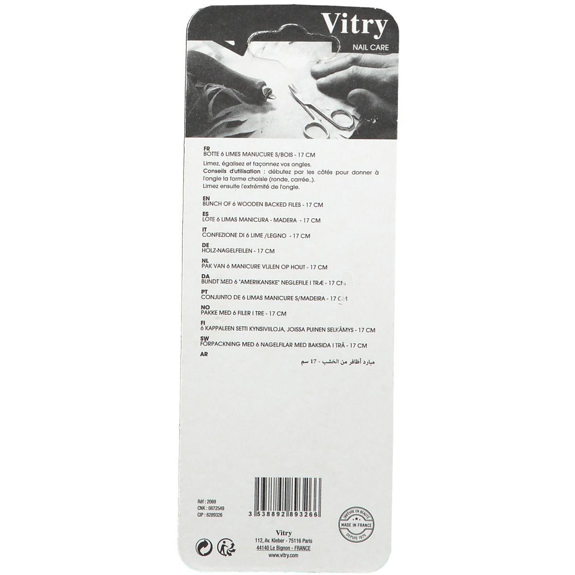 Achterkant van de verpakking met tekst. Opschrift: Vitry. Productinformatie in meerdere talen.