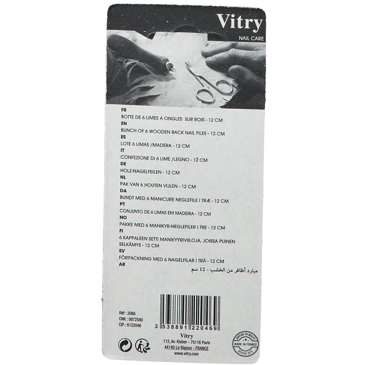 Dos de l'emballage avec informations produit. Texte multilingue. Marque: Vitry Nail Care. Code-barres et coordonnées.