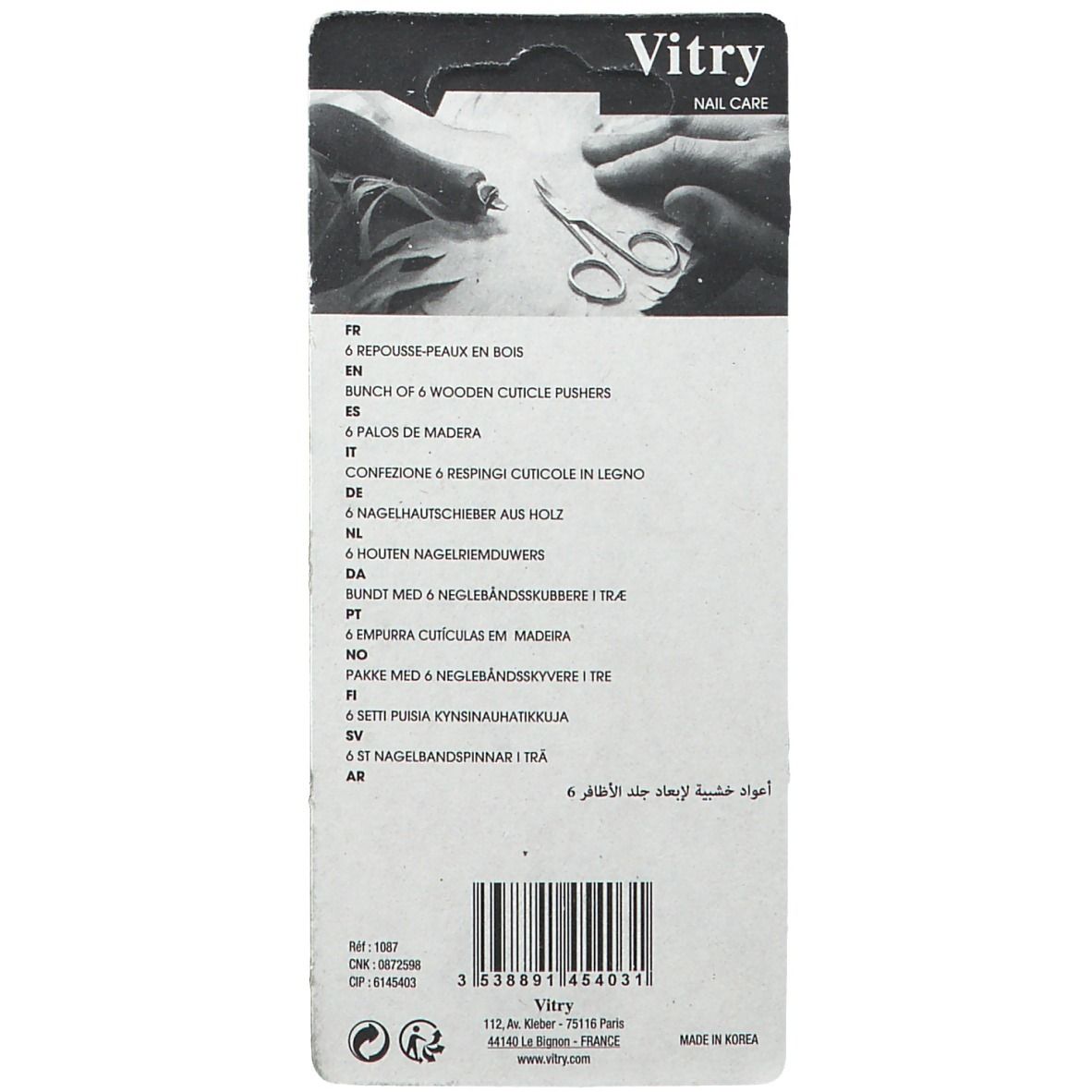 Dos de l'emballage Vitry. Texte multilingue, dont français. Nom du produit: 6 repousse-peaux.