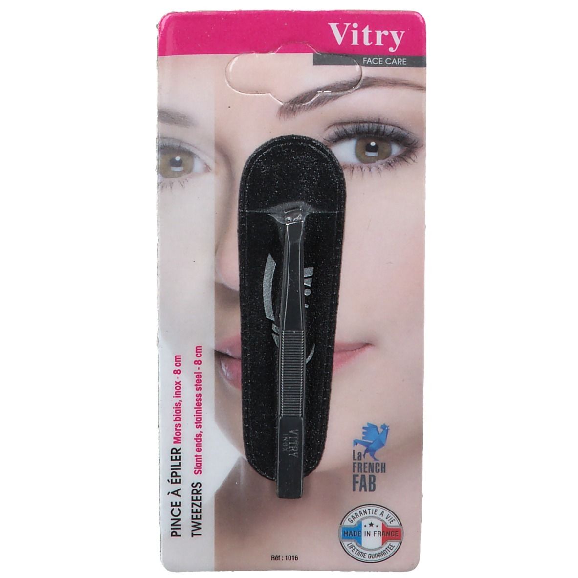 Pince à épiler Vitry, bouts biseautés, dans étui noir. Emballage blister avec visage.