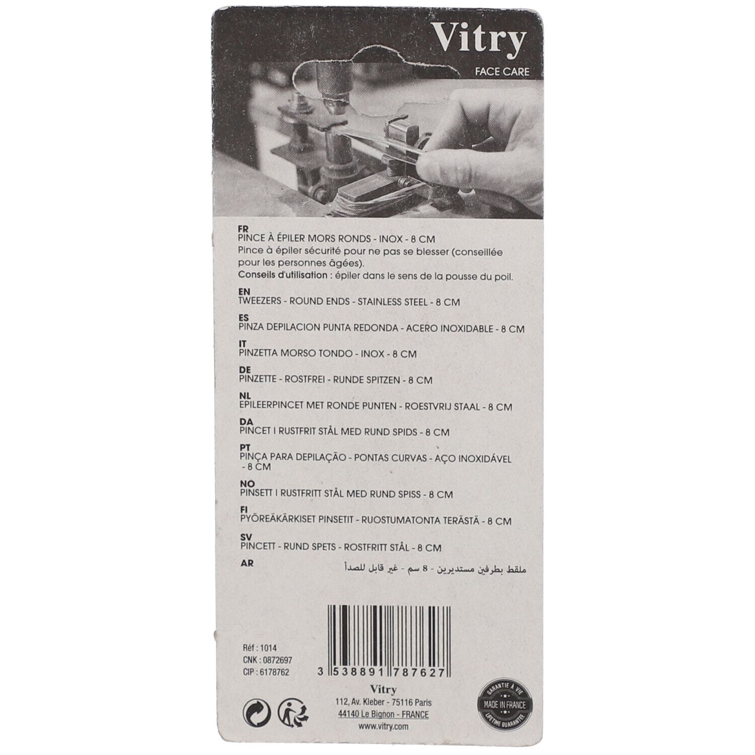Rückseite der Verpackung mit Produktinformationen in mehreren Sprachen. Der Markenname Vitry ist oben abgebildet.