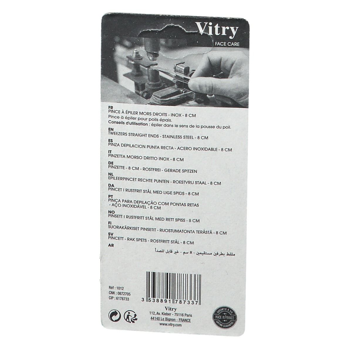 Dos de l'emballage. Informations produit et marque Vitry.