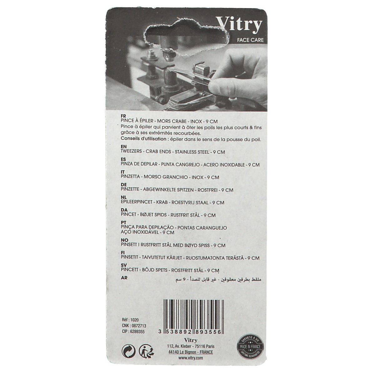 Achterkant verpakking met productinformatie. Merk Vitry, Face Care. Meertalige tekst.