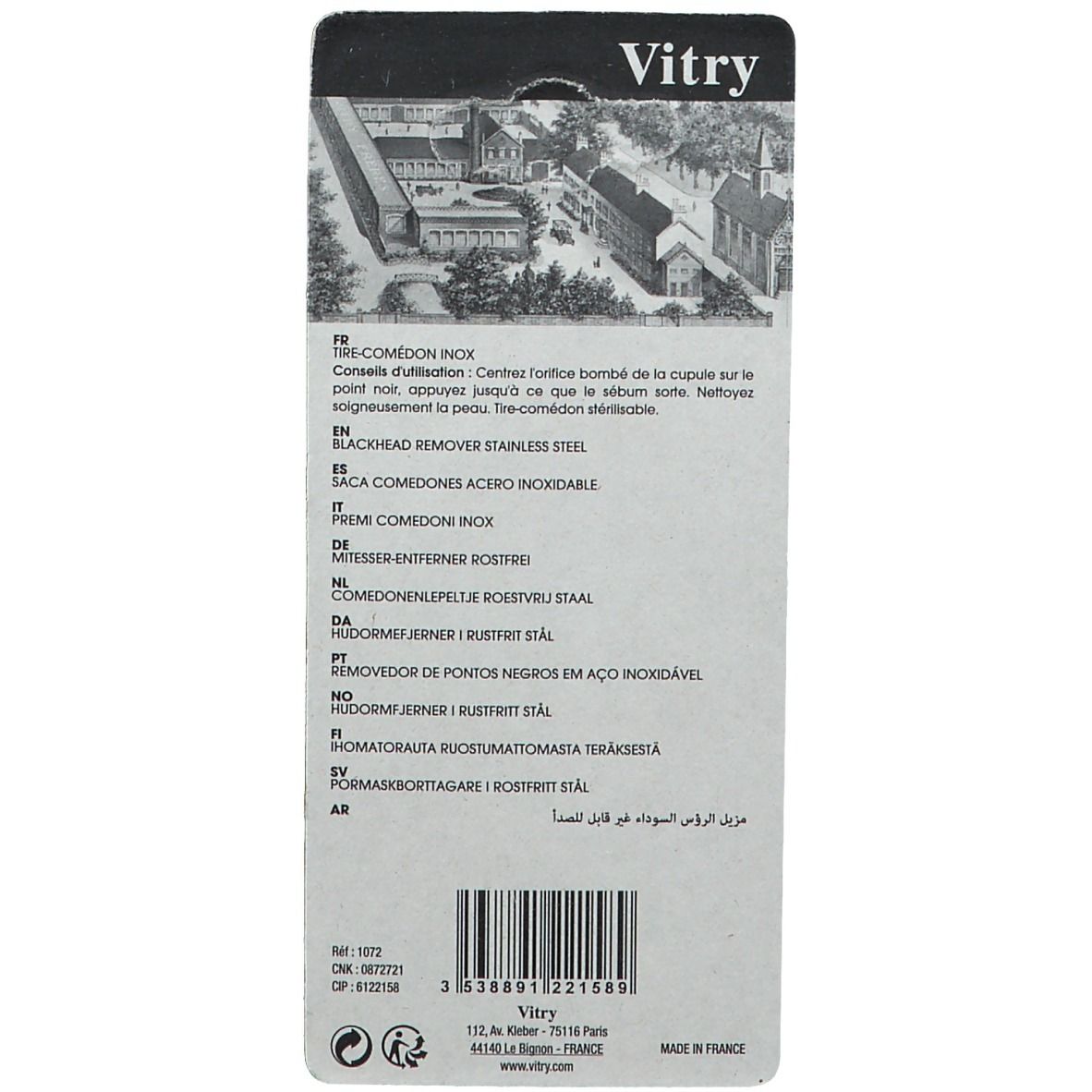 Dos de l'emballage avec informations produit multilingues. Code-barres et logo.