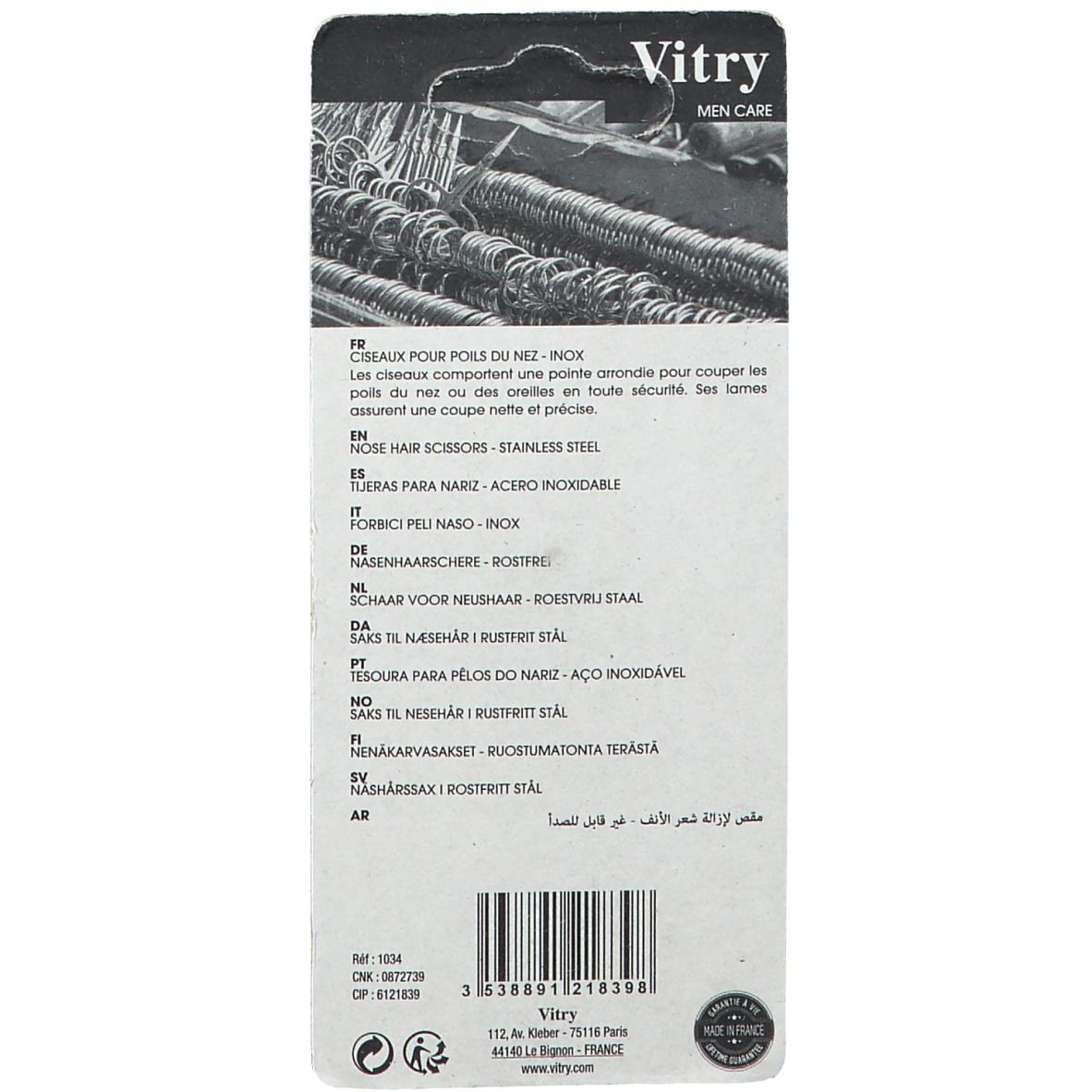 Dos de l'emballage avec informations produit. Texte multilingue, dont français, allemand, italien et néerlandais. Marque Vitry.